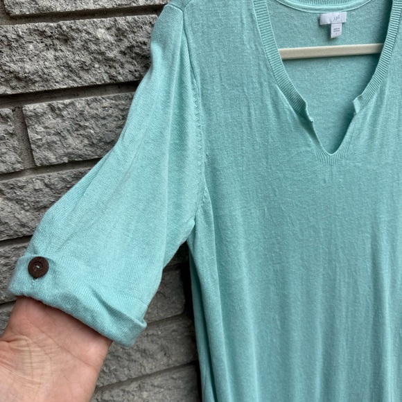 J. Jill Linen Blend Knit Tunic Shirt Turquoise Cuffed Short Sleeves Large - Picture 2 of 6